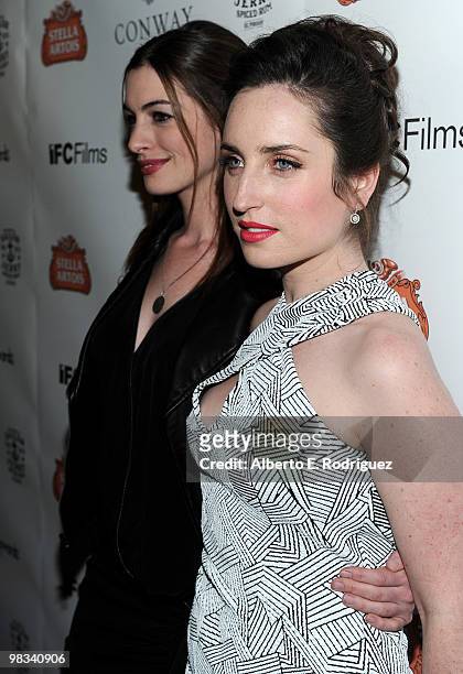 Actress Anne Hathaway and actress Zoe Lister-Jones arrive at the Los Angeles premiere of IFC's "Breaking Upwards" at the Silent Movie Theater on...