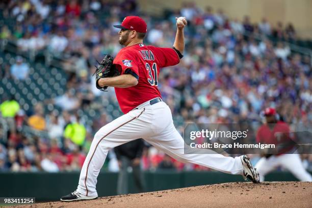 Lance Lynn of the Minnesota Twins pitches against the Los Angeles Angels on June 8, 2018 at Target Field in Minneapolis, Minnesota. The Angels...