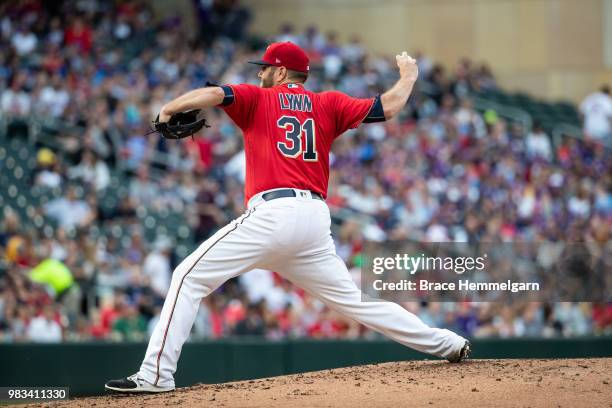 Lance Lynn of the Minnesota Twins pitches against the Los Angeles Angels on June 8, 2018 at Target Field in Minneapolis, Minnesota. The Angels...