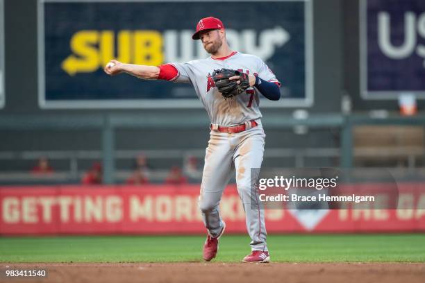 Zack Cozart of the Los Angeles Angels throws against the Minnesota Twins on June 8, 2018 at Target Field in Minneapolis, Minnesota. The Angels...