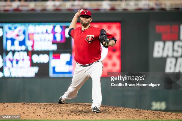 Lance Lynn of the Minnesota Twins pitches against the Los Angeles Angels on June 8, 2018 at Target Field in Minneapolis, Minnesota. The Angels...