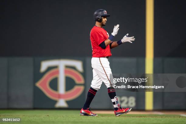 Eddie Rosario of the Minnesota Twins celebrates against the Los Angeles Angels on June 8, 2018 at Target Field in Minneapolis, Minnesota. The Angels...