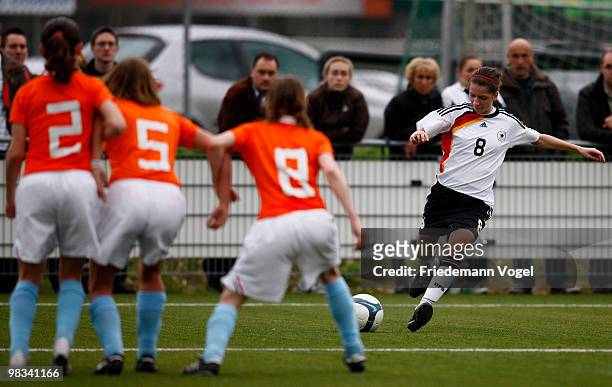 Daria Streng of Germany shoots a free kick during the Women's U15 international friendly match between Netherlands and Germany on April 7, 2010 in...