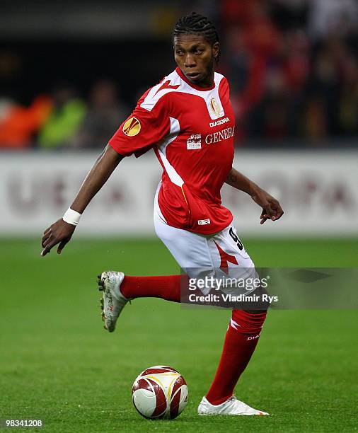 Dieudonne Mbokani of Liege in action during the UEFA Europa League quarter final second leg match between Standard Liege and Hamburger SV at Maurice...