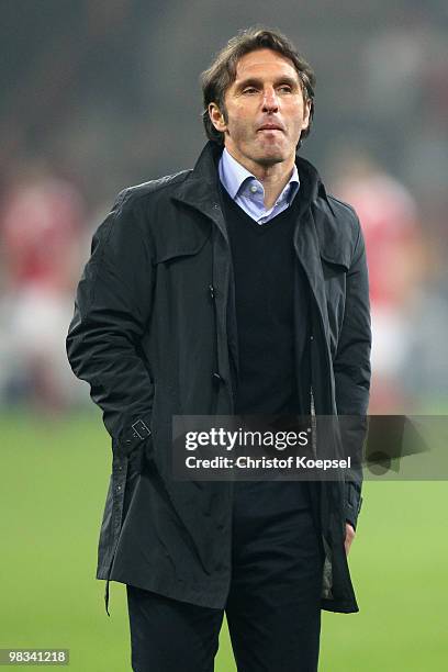 Head coach Bruno Labbadia of Hamburg looks thoughtful after the UEFA Europa League quarter final second leg match between Standard Liege and...