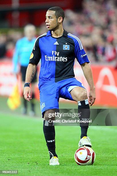 Dennis Aogo of Hamburg runs with the ball during the UEFA Europa League quarter final second leg match between Standard Liege and Hamburger SV at...