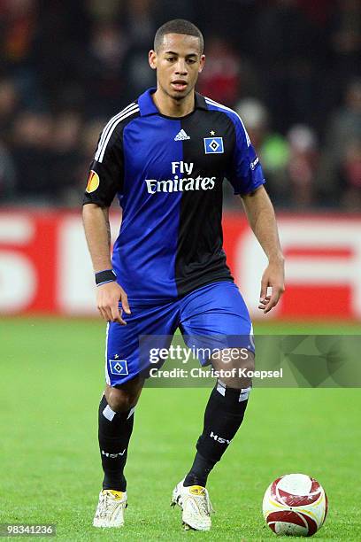 Dennis Aogo of Hamburg runs with the ball during the UEFA Europa League quarter final second leg match between Standard Liege and Hamburger SV at...