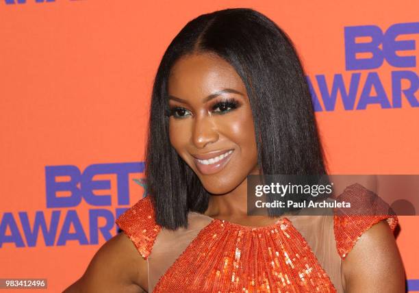 Actress Gabrielle Dennis poses for photos in the press poom at the 2018 BET Awards at Microsoft Theater on June 24, 2018 in Los Angeles, California.