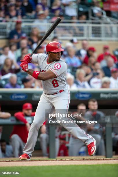 Justin Upton of the Los Angeles Angels bats against the Minnesota Twins on June 8, 2018 at Target Field in Minneapolis, Minnesota. The Angels...