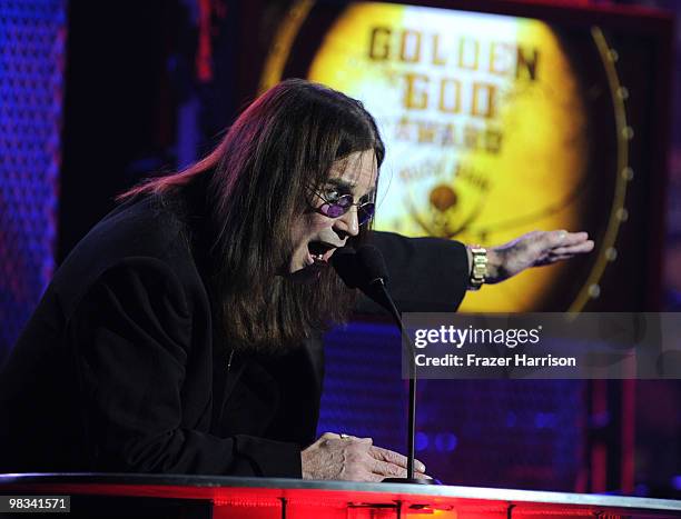 Musician Ozzy Osbourne on stage at the 2nd annual Revolver Golden Gods Awards held at Club Nokia on April 8, 2010 in Los Angeles, California.