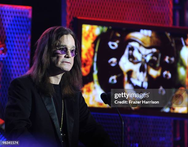 Musician Ozzy Osbourne on stage at the 2nd annual Revolver Golden Gods Awards held at Club Nokia on April 8, 2010 in Los Angeles, California.