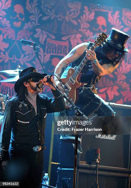 Musicians Lemmy Kilmister and Slash perform on stage at the 2nd annual Revolver Golden Gods Awards held at Club Nokia on April 8, 2010 in Los...