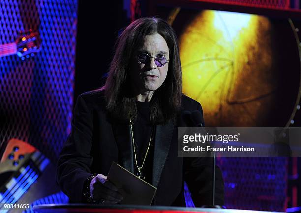 Musician Ozzy Osbourne on stage at the 2nd annual Revolver Golden Gods Awards held at Club Nokia on April 8, 2010 in Los Angeles, California.