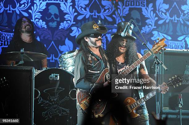 Musicians Dave Grohl, Lemmy Kilmister and Slash perform on stage at the 2nd annual Revolver Golden Gods Awards held at Club Nokia on April 8, 2010 in...