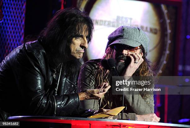 Musicians Alice Cooper and Rob Zombie on stage at the 2nd annual Revolver Golden Gods Awards held at Club Nokia on April 8, 2010 in Los Angeles,...