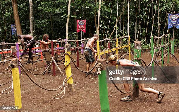 James Clement, Rupert Boneham, Colby Donaldson and Candice Woodcock during the immunity challenge, "Rope a Dope", during the sixth episode of...