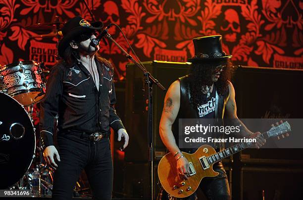 Musicians Lemmy Kilmister and Slash perform on stage at the 2nd annual Revolver Golden Gods Awards held at Club Nokia on April 8, 2010 in Los...