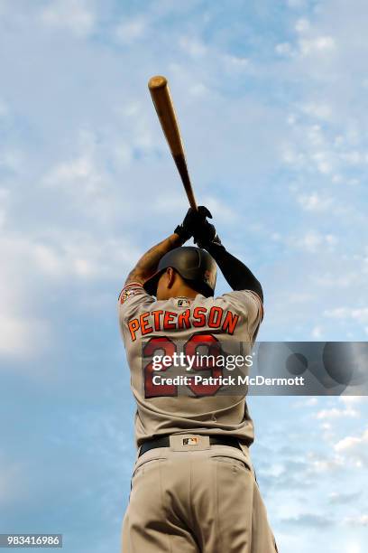 Jace Peterson of the Baltimore Orioles prepares to bat against the Washington Nationals in the fifth inning at Nationals Park on June 19, 2018 in...