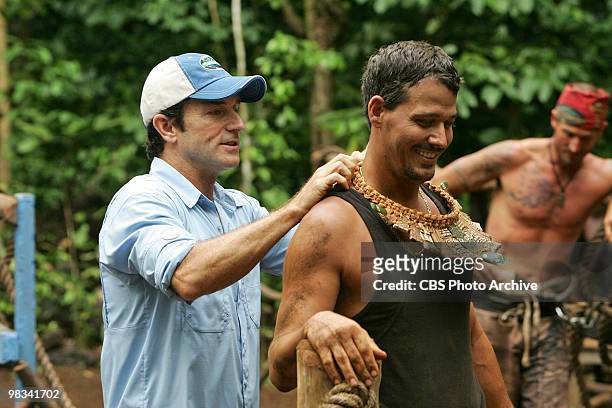 Jeff Probst put the immunity necklace on Rob Mariano after he wins the immunity challenge, during the sixth episode of SURVIVOR: HEROES VS. VILLAINS,...