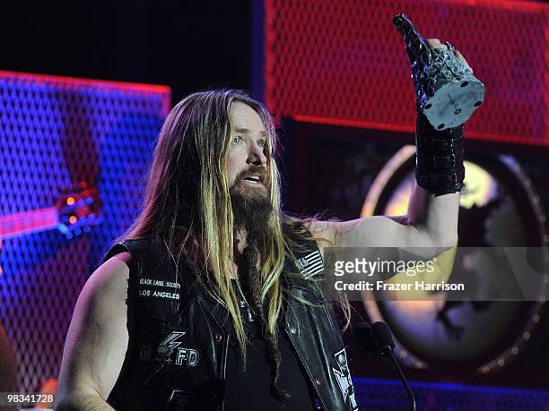 Musician Zakk Wylde on stage with his guitarist award at the 2nd annual Revolver Golden Gods Awards held at Club Nokia on April 8, 2010 in Los...