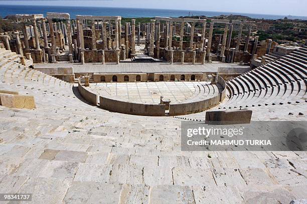 General view shows the amphitheatre at the historical site of Leptis Magna, listed as a World Heritage Site, in the Libyan coastal city of Lebda on...