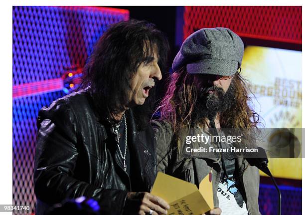 Musicians Alice Cooper and Rob Zombie on stage at the 2nd annual Revolver Golden Gods Awards held at Club Nokia on April 8, 2010 in Los Angeles,...