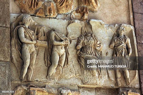 Detail of a limstone freeze is seen at the historical site of Leptis Magna, listed as a World Heritage Site, in the Libyan coastal city of Lebda on...