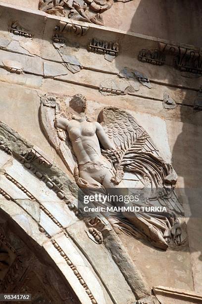 Detail is seen at the historical site of Leptis Magna, listed as a World Heritage Site, in the Libyan coastal city of Lebda on March 30, 2010. The...