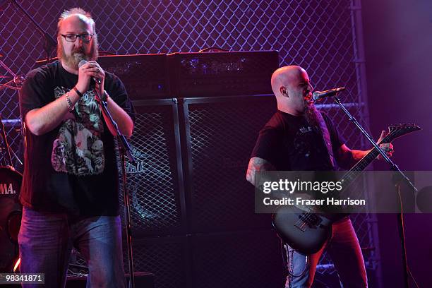 Actor Brian Posehn and Scott Ian perform on stage with 2nd annual Revolver Golden Gods Awards held at Club Nokia on April 8, 2010 in Los Angeles,...