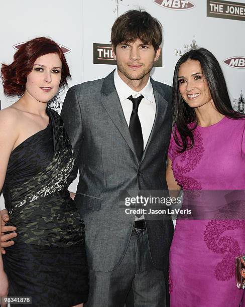 Rumer Willis, Ashton Kutcher and Demi Moore attend the premiere of "The Joneses" at ArcLight Cinemas on April 8, 2010 in Hollywood, California.