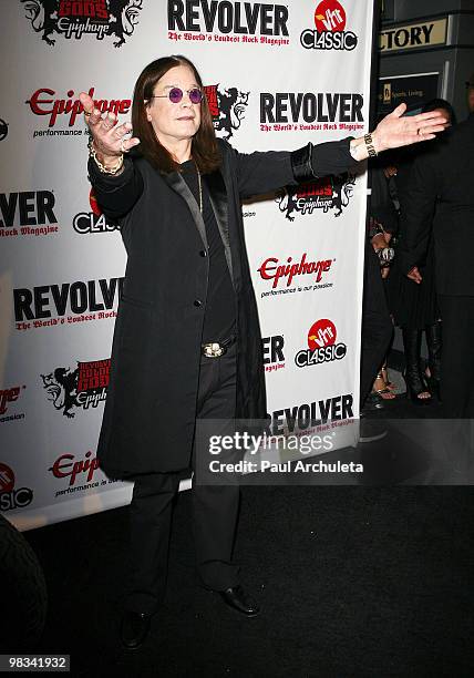 Musician Ozzy Osbourne arrives at the 2nd annual Revolver Golden Gods Awards at Club Nokia on April 8, 2010 in Los Angeles, California.