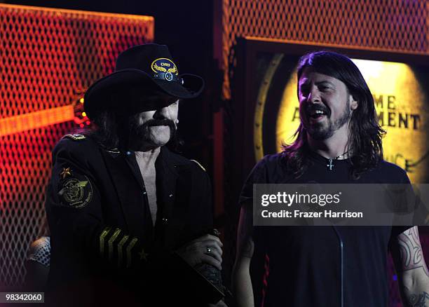 Musicians Dave Grohl and Lemmy Kilmister on stage at the 2nd annual Revolver Golden Gods Awards held at Club Nokia on April 8, 2010 in Los Angeles,...