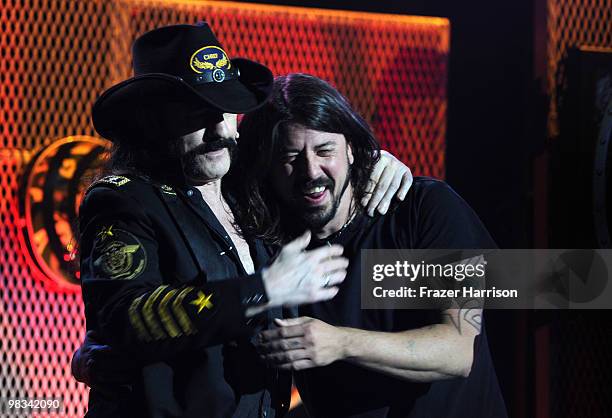 Musicians Dave Grohl and Lemmy Kilmister on stage at the 2nd annual Revolver Golden Gods Awards held at Club Nokia on April 8, 2010 in Los Angeles,...
