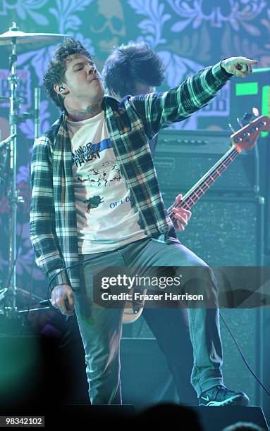 Singer Mike Hranica of The Devil Wears Prada performs at the 2nd annual Revolver Golden Gods Awards held at Club Nokia on April 8, 2010 in Los...