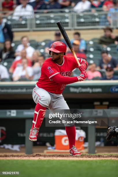 Luis Valbuena of the Los Angeles Angels bats against the Minnesota Twins on June 9, 2018 at Target Field in Minneapolis, Minnesota. The Angels...