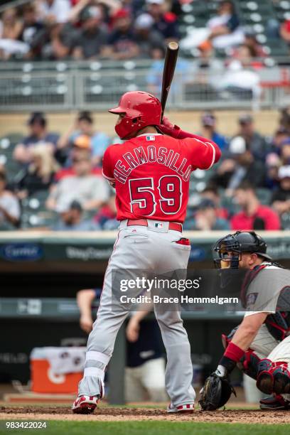 Michael Hermosillo of the Los Angeles Angels bats against the Minnesota Twins on June 9, 2018 at Target Field in Minneapolis, Minnesota. The Angels...