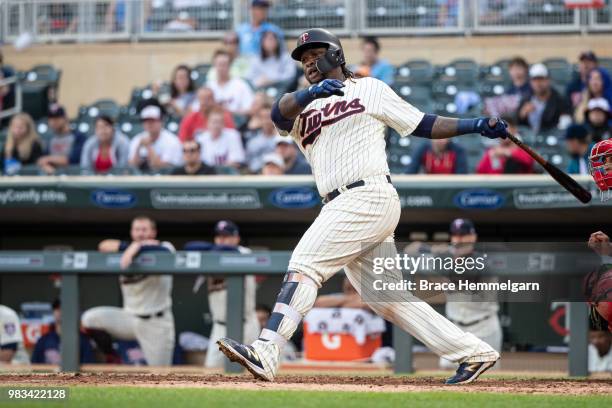 Miguel Sano of the Minnesota Twins bats against the Los Angeles Angels on June 9, 2018 at Target Field in Minneapolis, Minnesota. The Angels defeated...