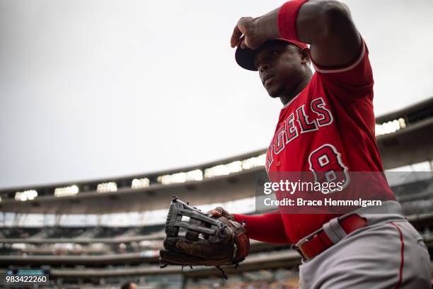 Justin Upton of the Los Angeles Angels looks on against the Minnesota Twins on June 9, 2018 at Target Field in Minneapolis, Minnesota. The Angels...