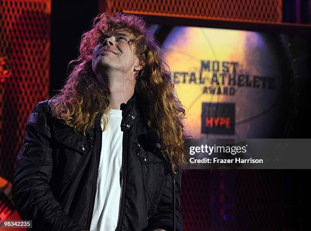 Musician Dave Mustaine on stage at the 2nd annual Revolver Golden Gods Awards held at Club Nokia on April 8, 2010 in Los Angeles, California.