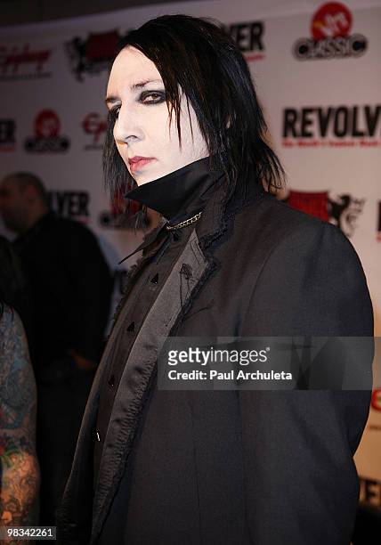Musician Marilyn Manson arrives at the 2nd annual Revolver Golden Gods Awards at Club Nokia on April 8, 2010 in Los Angeles, California.