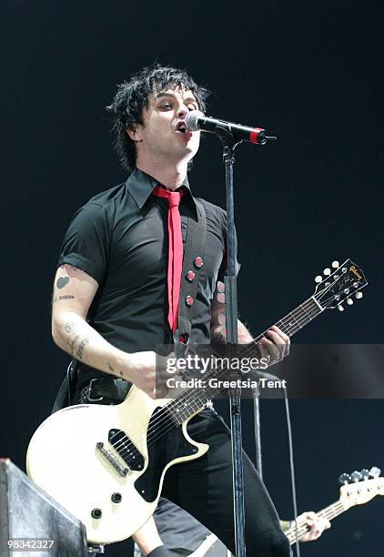 Billie Joe Armstrong of Green Day performs live at Heineken Music Hall on January 12, 2005 in Amsterdam, Netherlands.