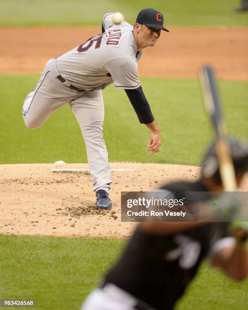 Adam Plutko of the Cleveland Indians pitches against the Chicago White Sox on June 12, 2018 at Guaranteed Rate Field in Chicago, Illinois.