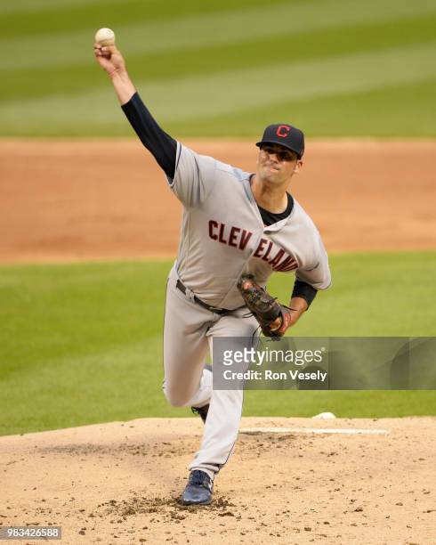 Adam Plutko of the Cleveland Indians pitches against the Chicago White Sox on June 12, 2018 at Guaranteed Rate Field in Chicago, Illinois.