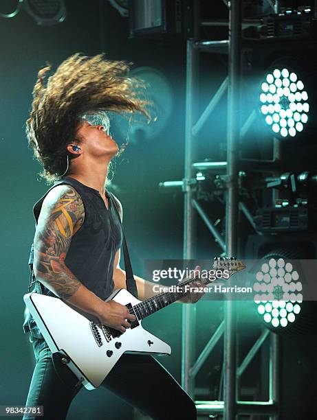 Guitarist from band As I Lay Dying Nick Hipa performs at the 2nd annual Revolver Golden Gods Awards held at Club Nokia on April 8, 2010 in Los...