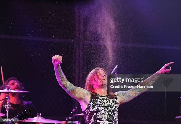 Musician Tim Lambesis performs at the 2nd annual Revolver Golden Gods Awards held at Club Nokia on April 8, 2010 in Los Angeles, California. On April...