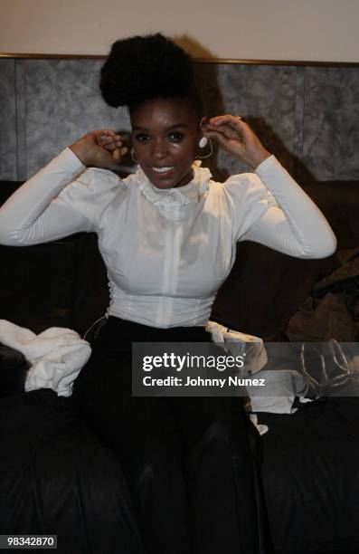 Janelle Monae poses for a picture backstage at the Highline Ballroom on April 8, 2010 in New York City.