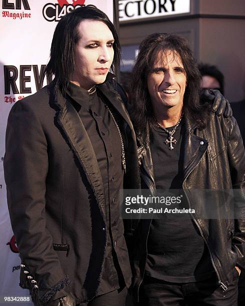Musicians Marilyn Manson & Alice Cooper arrives at the 2nd annual Revolver Golden Gods Awards at Club Nokia on April 8, 2010 in Los Angeles,...