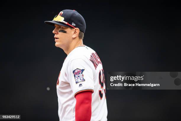 Logan Morrison of the Minnesota Twins looks on against the Los Angeles Angels on June 10, 2018 at Target Field in Minneapolis, Minnesota. The Twins...