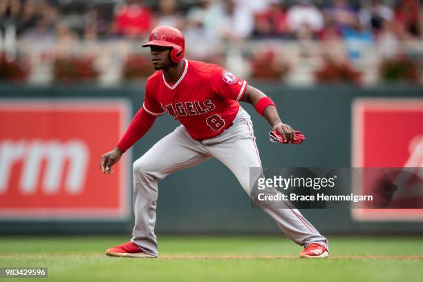 Justin Upton of the Los Angeles Angels runs against the Minnesota Twins on June 10, 2018 at Target Field in Minneapolis, Minnesota. The Twins...