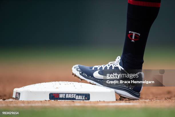The Nike shoes of Eddie Rosario of the Minnesota Twins against the Los Angeles Angels on June 10, 2018 at Target Field in Minneapolis, Minnesota. The...